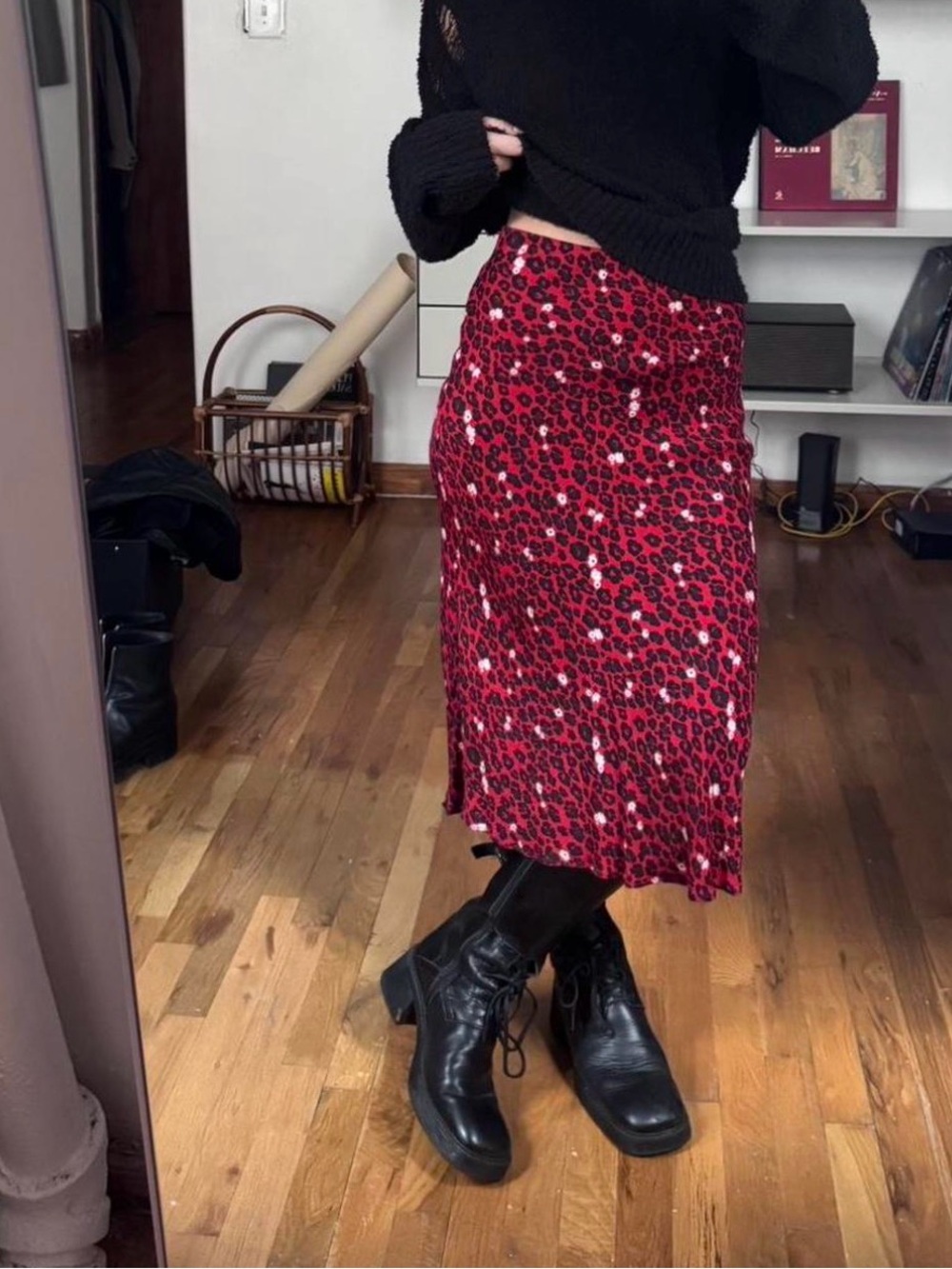 Gerard Darel Red Leopard Print Midi Skirt
